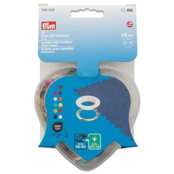 Preview: Prym Ösen mit Scheiben, bunt, in Herzbox, 8 mm 542620